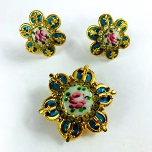 Vintage Guilloche Petite Flowers Rhinestone Brooch and Earrings Set
